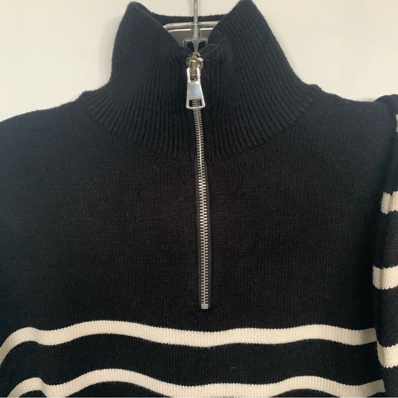 Zara 🆕 Breton Striped Marinière Sweater 1/4 Zip Parisian Chic Black Off White M - Picture 4 of 13